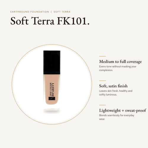 Earthbound Liquid Foundation Soft Terra bottle with key benefits