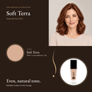 Earthbound Liquid Foundation Soft Terra shade card with model