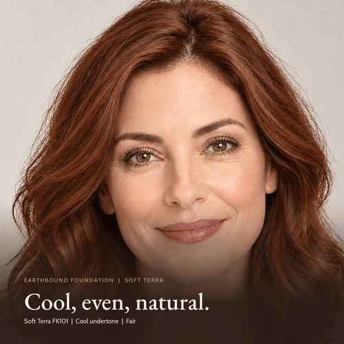 Close-up of model for Earthbound Liquid Foundation in Soft Terra