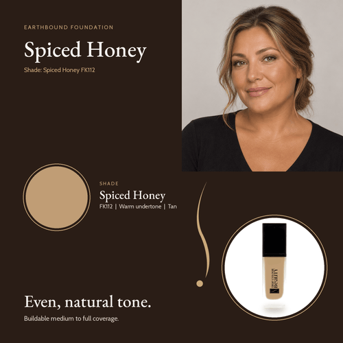 Earthbound Liquid Foundation Spiced Honey shade card with model