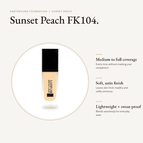 Earthbound Liquid Foundation Sunset Peach bottle with key benefits
