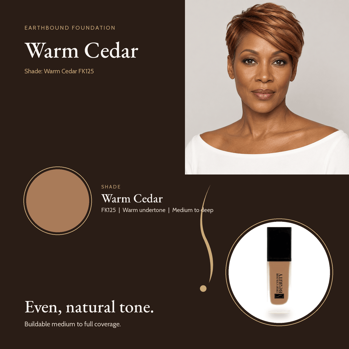 Earthbound Liquid Foundation Warm Cedar shade card with model