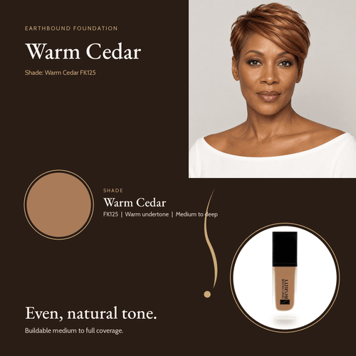 Earthbound Liquid Foundation Warm Cedar shade card with model