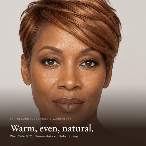 Close-up of model for Earthbound Liquid Foundation in Warm Cedar