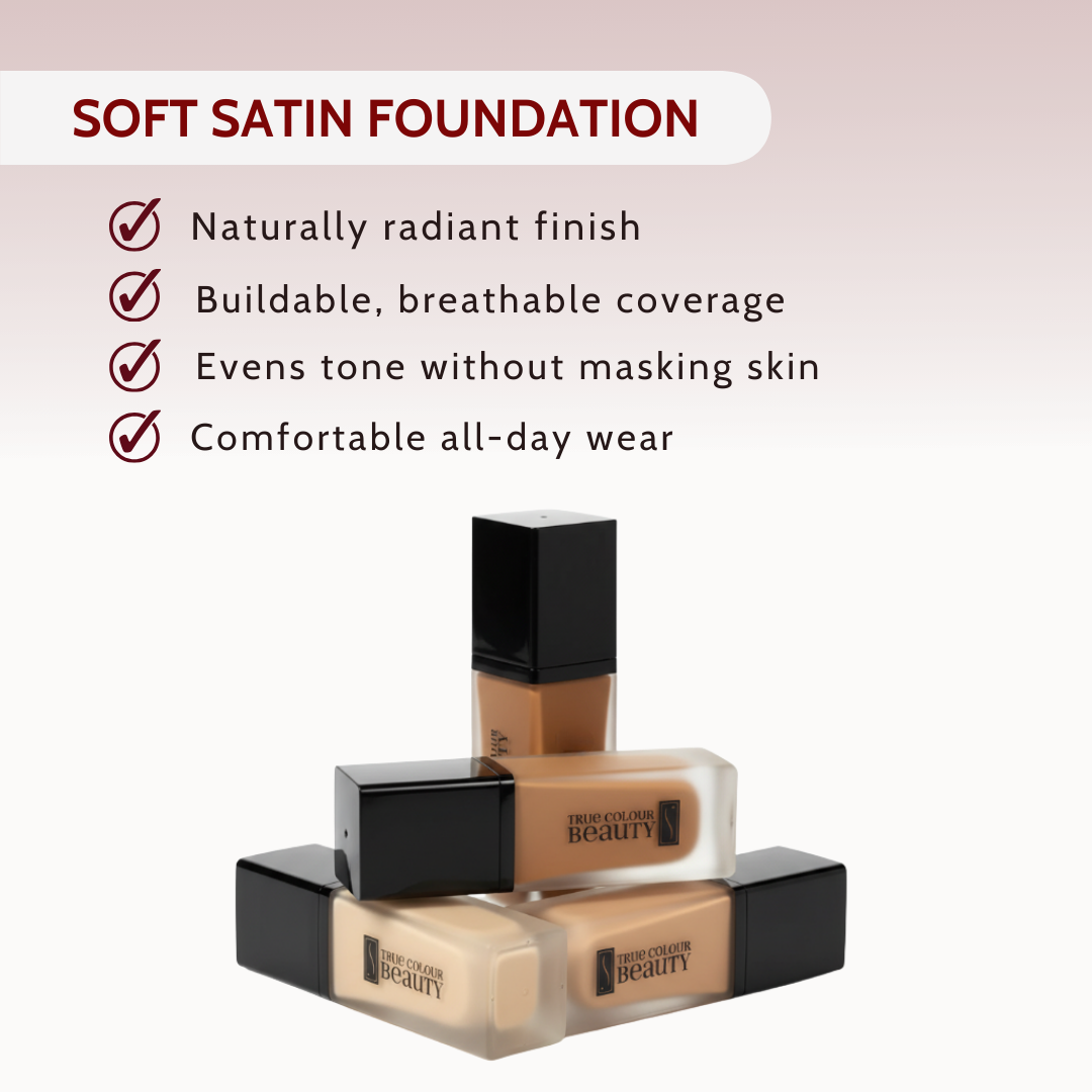 Three bottles of soft satin foundation with product details on a light pink background