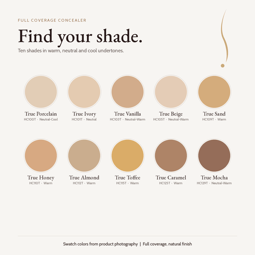 Full Coverage Concealer shade chart, 10 shades
