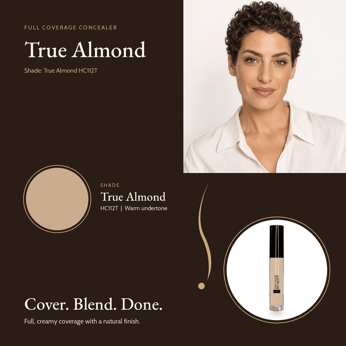 Full Coverage Concealer True Almond HC112T shade swatch with model