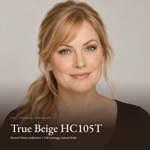 Model wearing Full Coverage Concealer in True Beige HC105T