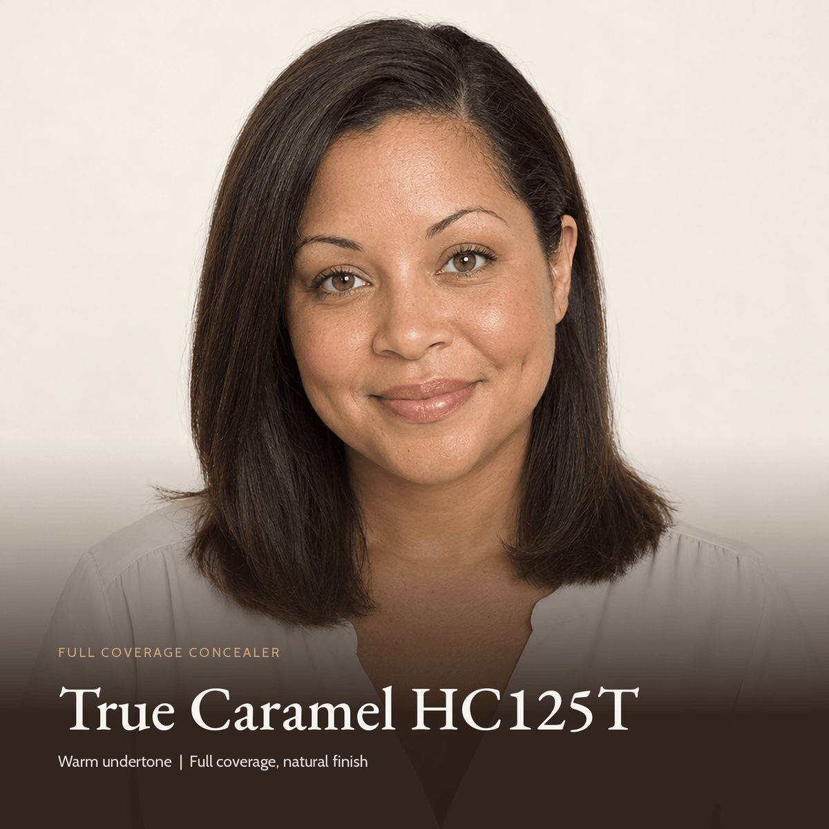 Model wearing Full Coverage Concealer in True Caramel HC125T