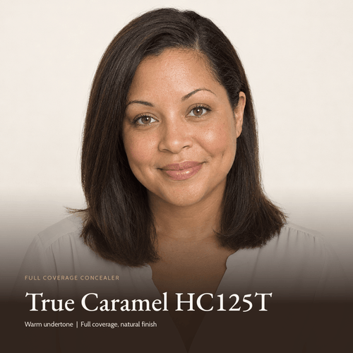 Model wearing Full Coverage Concealer in True Caramel HC125T
