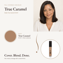 Full Coverage Concealer True Caramel HC125T shade swatch with model