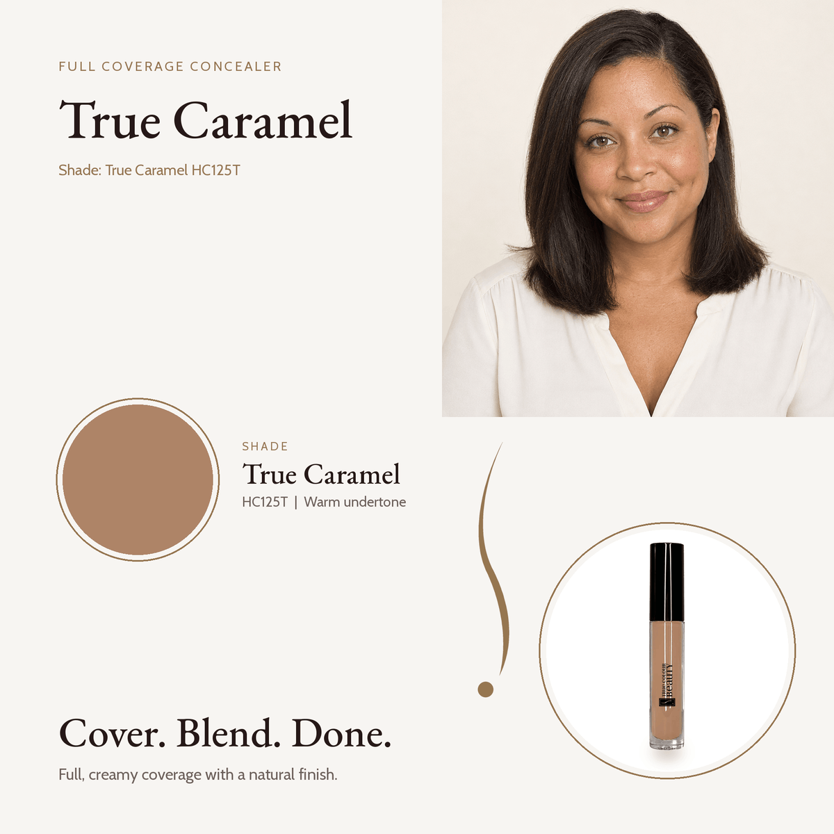 Full Coverage Concealer True Caramel HC125T shade swatch with model