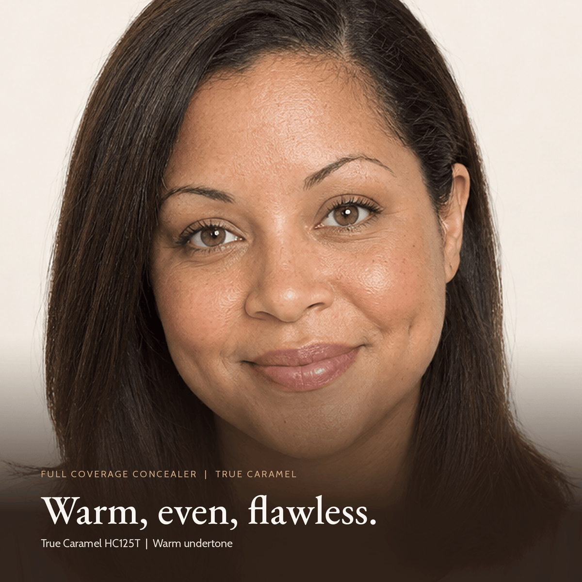 Close-up of model wearing Full Coverage Concealer in True Caramel