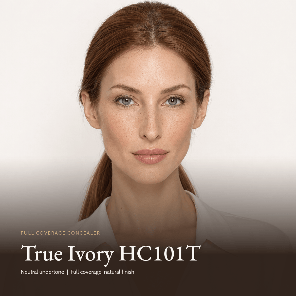 Model wearing Full Coverage Concealer in True Ivory HC101T