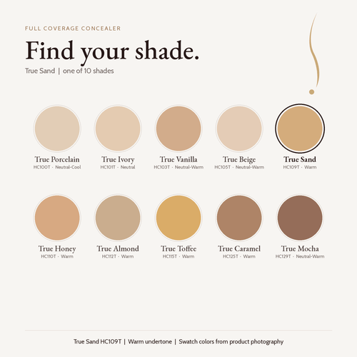 Full Coverage Concealer shade chart with True Sand HC109T selected