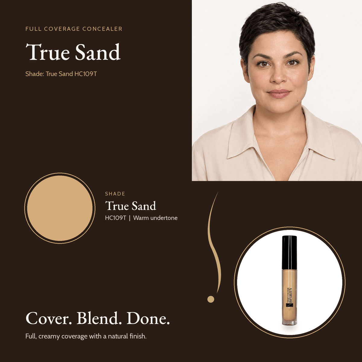 Full Coverage Concealer True Sand HC109T shade swatch with model