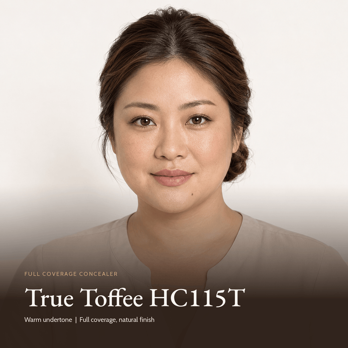 Model wearing Full Coverage Concealer in True Toffee HC115T