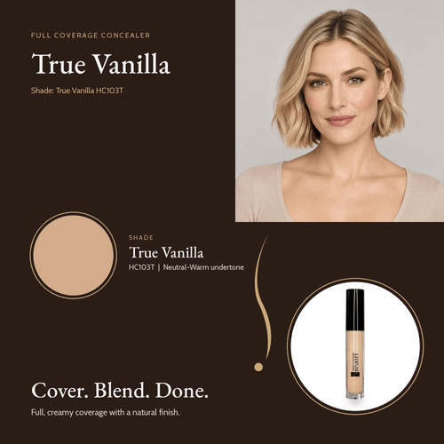 Full Coverage Concealer True Vanilla HC103T shade swatch with model