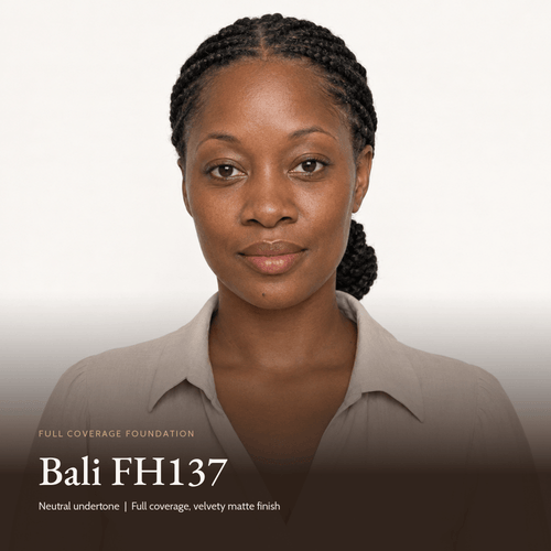Model wearing Full Coverage Foundation in Bali FH137, neutral undertone