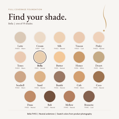 Full Coverage Foundation shade chart with Bella FH112 highlighted