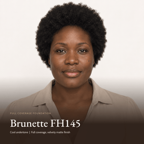 Model wearing Full Coverage Foundation in Brunette FH145, cool undertone
