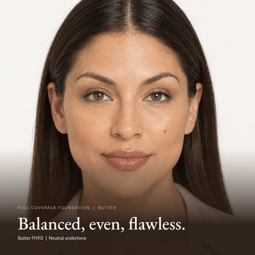 Close-up of a model wearing Full Coverage Foundation in Butter