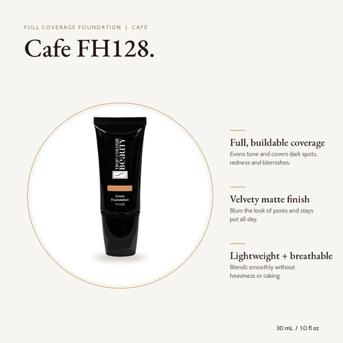 Cafe FH128 Full Coverage Foundation tube, 30 mL, with key benefits