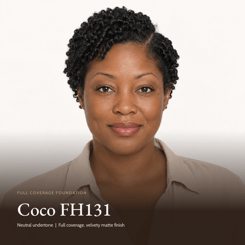 Model wearing Full Coverage Foundation in Coco FH131, neutral undertone