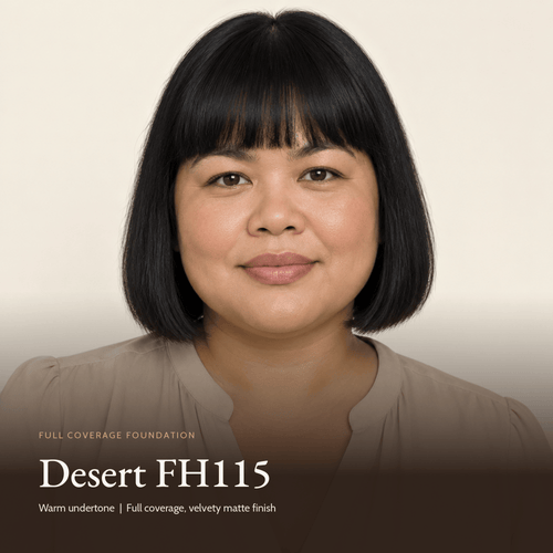 Model wearing Full Coverage Foundation in Desert FH115, warm undertone