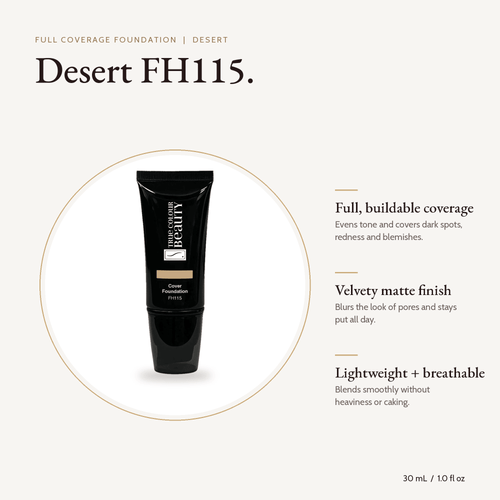 Desert FH115 Full Coverage Foundation tube, 30 mL, with key benefits