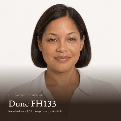 Model wearing Full Coverage Foundation in Dune FH133, neutral undertone
