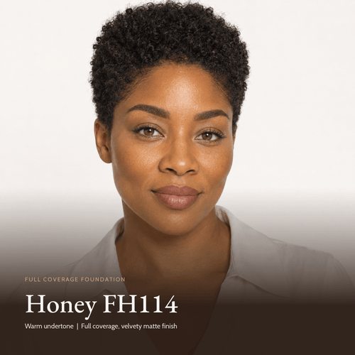 Model wearing Full Coverage Foundation in Honey FH114, warm undertone