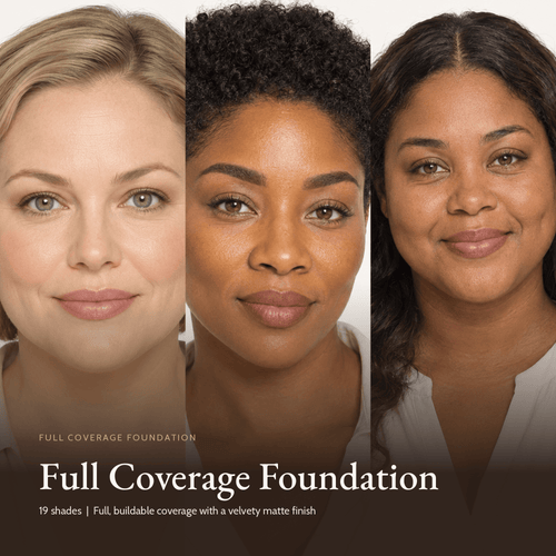 Three models wearing Full Coverage Foundation in light, medium and deep shades