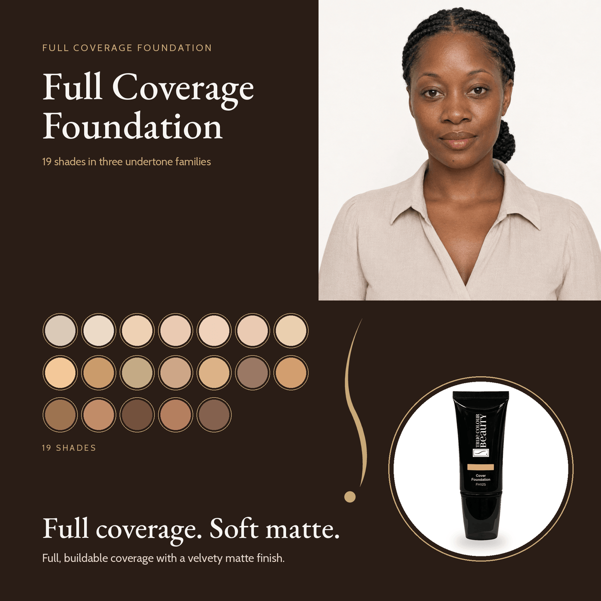 Full Coverage Foundation 19 shade swatches and tube