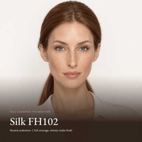 Model wearing Full Coverage Foundation in Silk FH102, neutral undertone