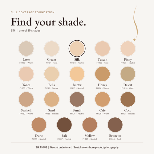 Full Coverage Foundation shade chart with Silk FH102 highlighted