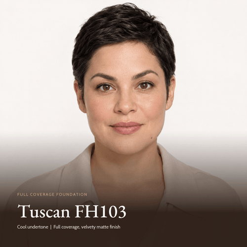 Model wearing Full Coverage Foundation in Tuscan FH103, cool undertone