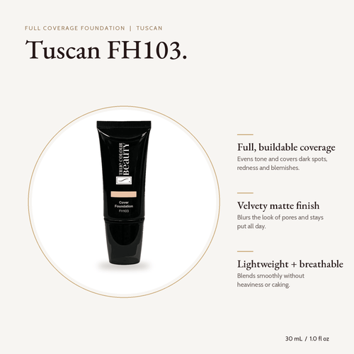 Tuscan FH103 Full Coverage Foundation tube, 30 mL, with key benefits