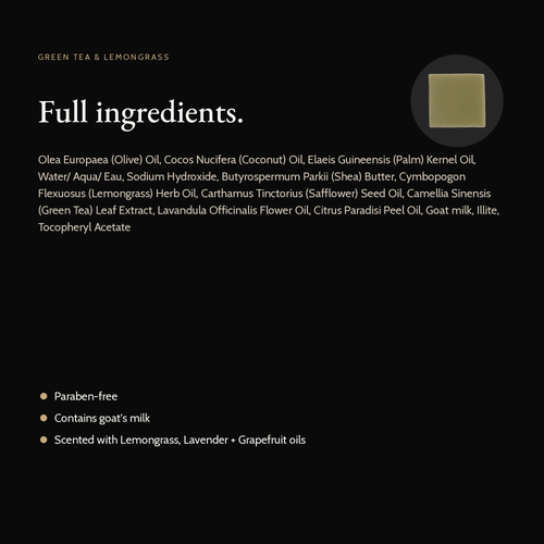 Green Tea & Lemongrass Natural Soap full ingredient list