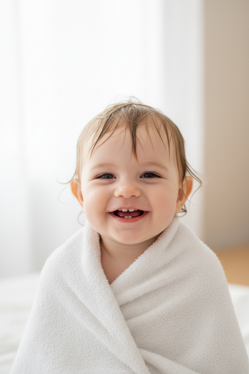 Happy baby with clean hair