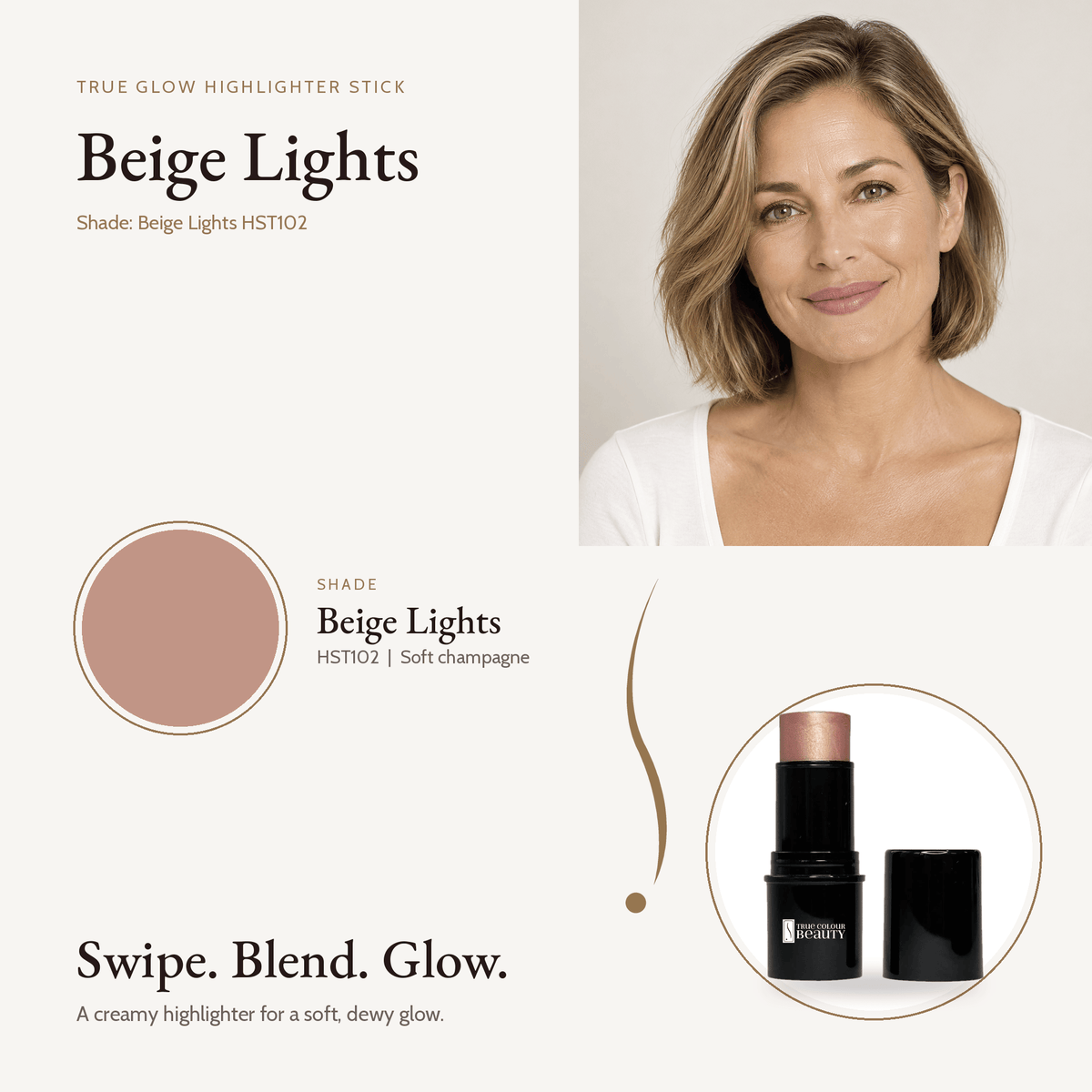 Highlighter Stick Beige Lights shade swatch with model