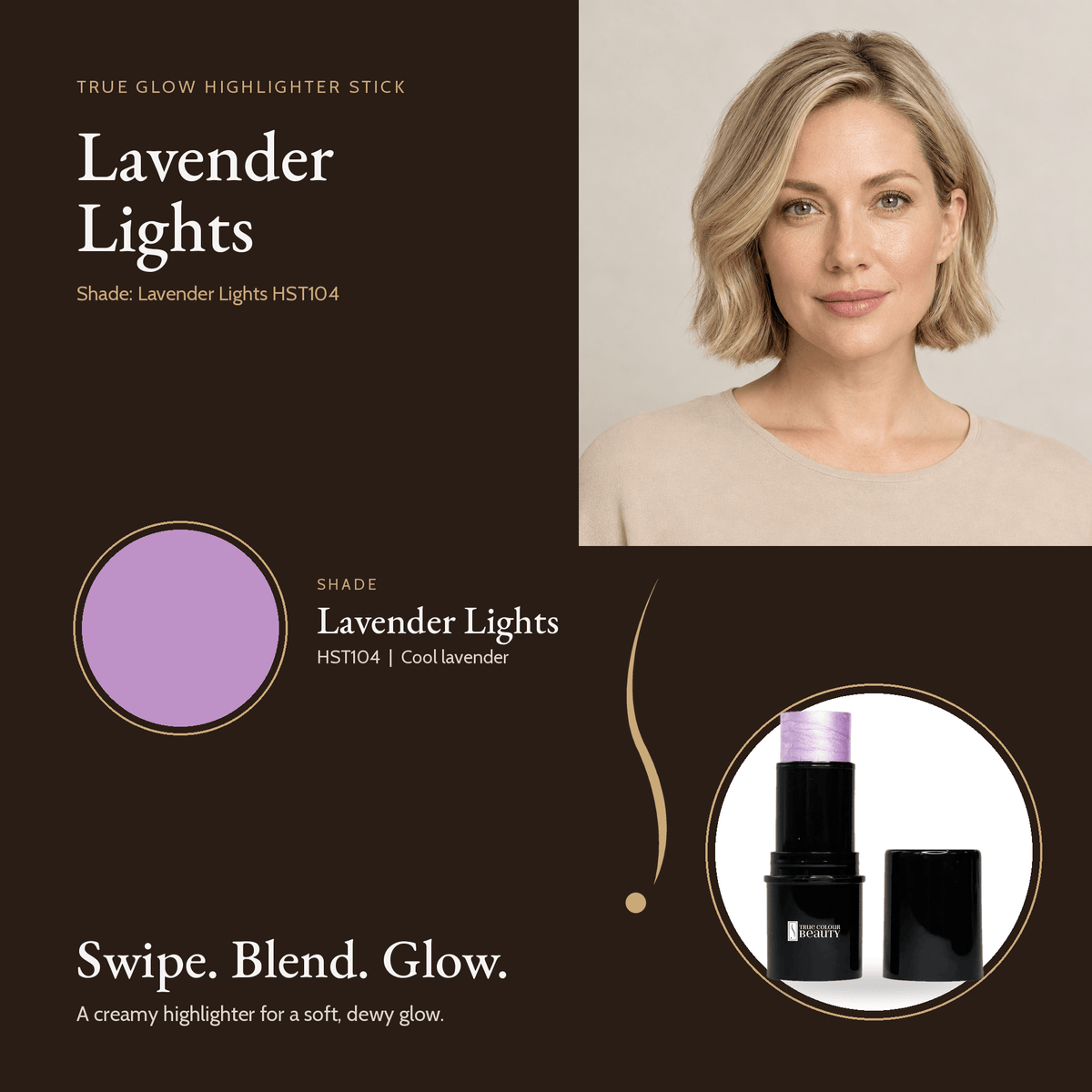 Highlighter Stick Lavender Lights shade swatch with model