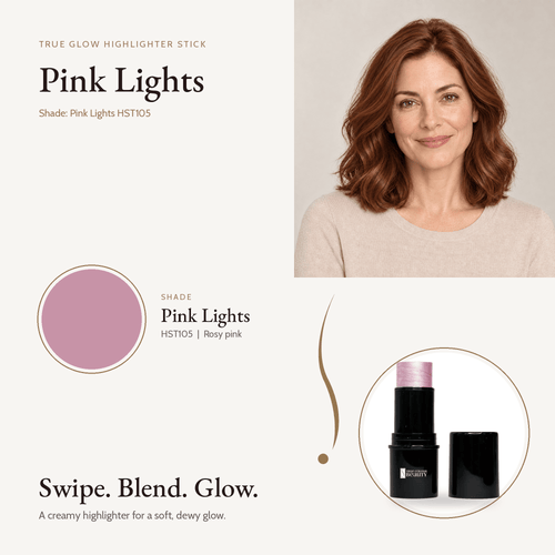 Highlighter Stick Pink Lights shade swatch with model