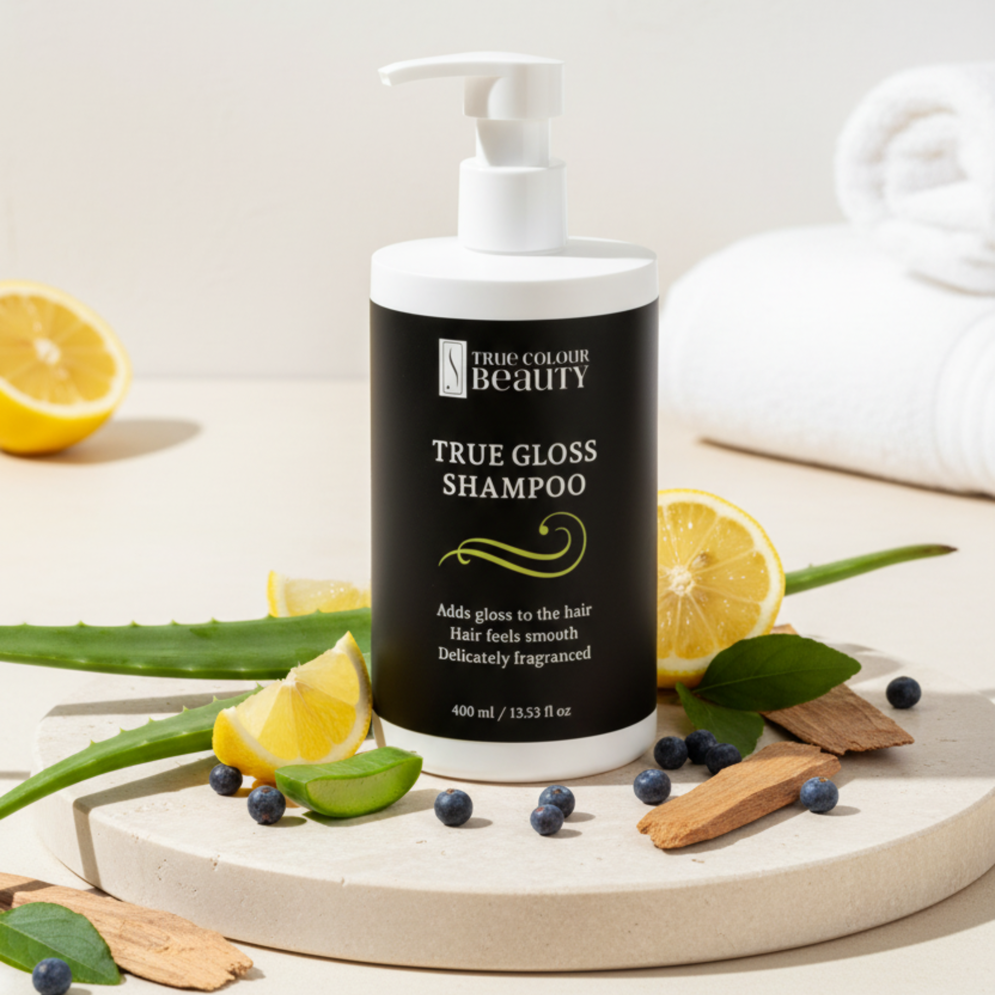 Ingredient shot with aloe, lemon, patchouli, juniper, and cedar