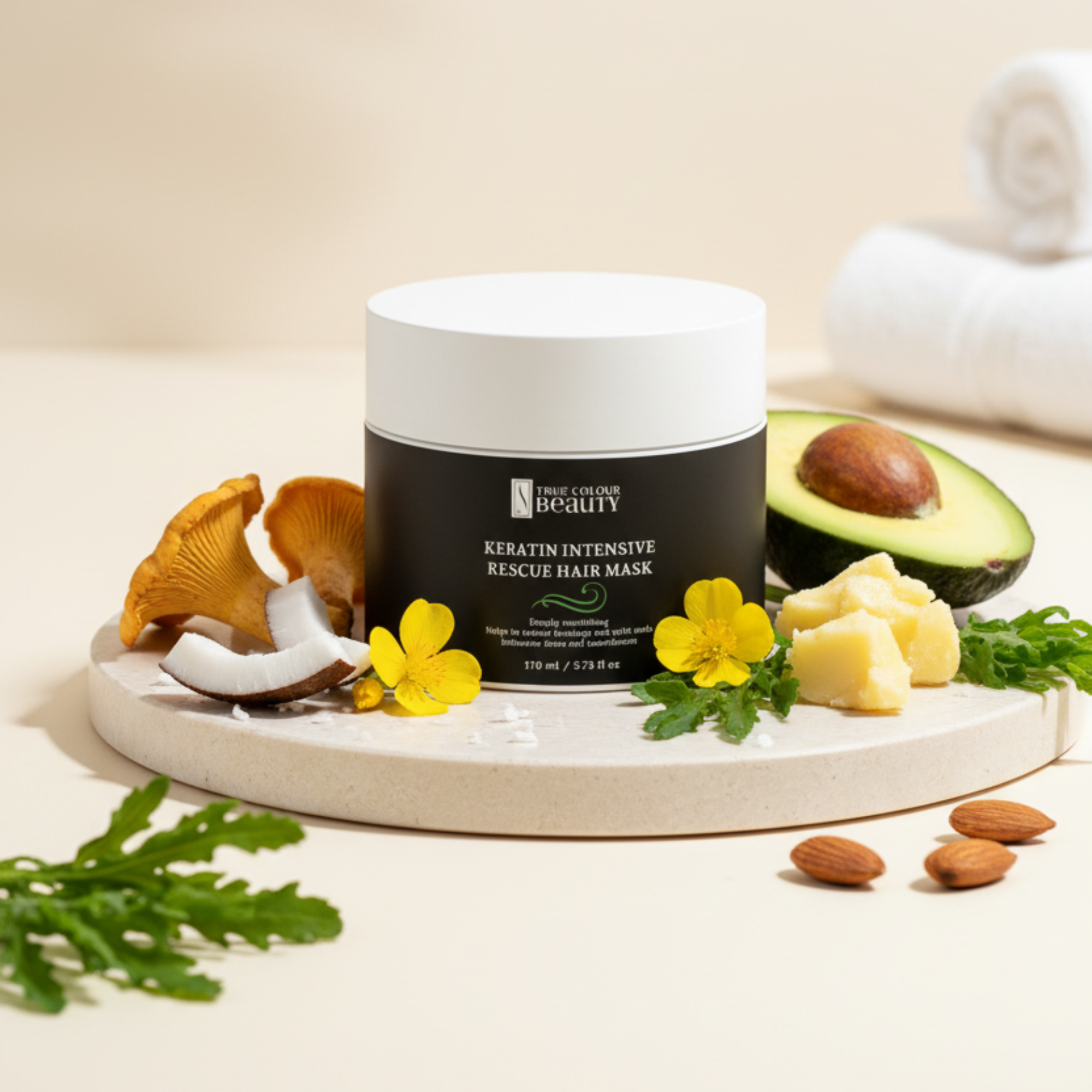 Ingredient shot with chanterelle, coconut, avocado, and botanicals