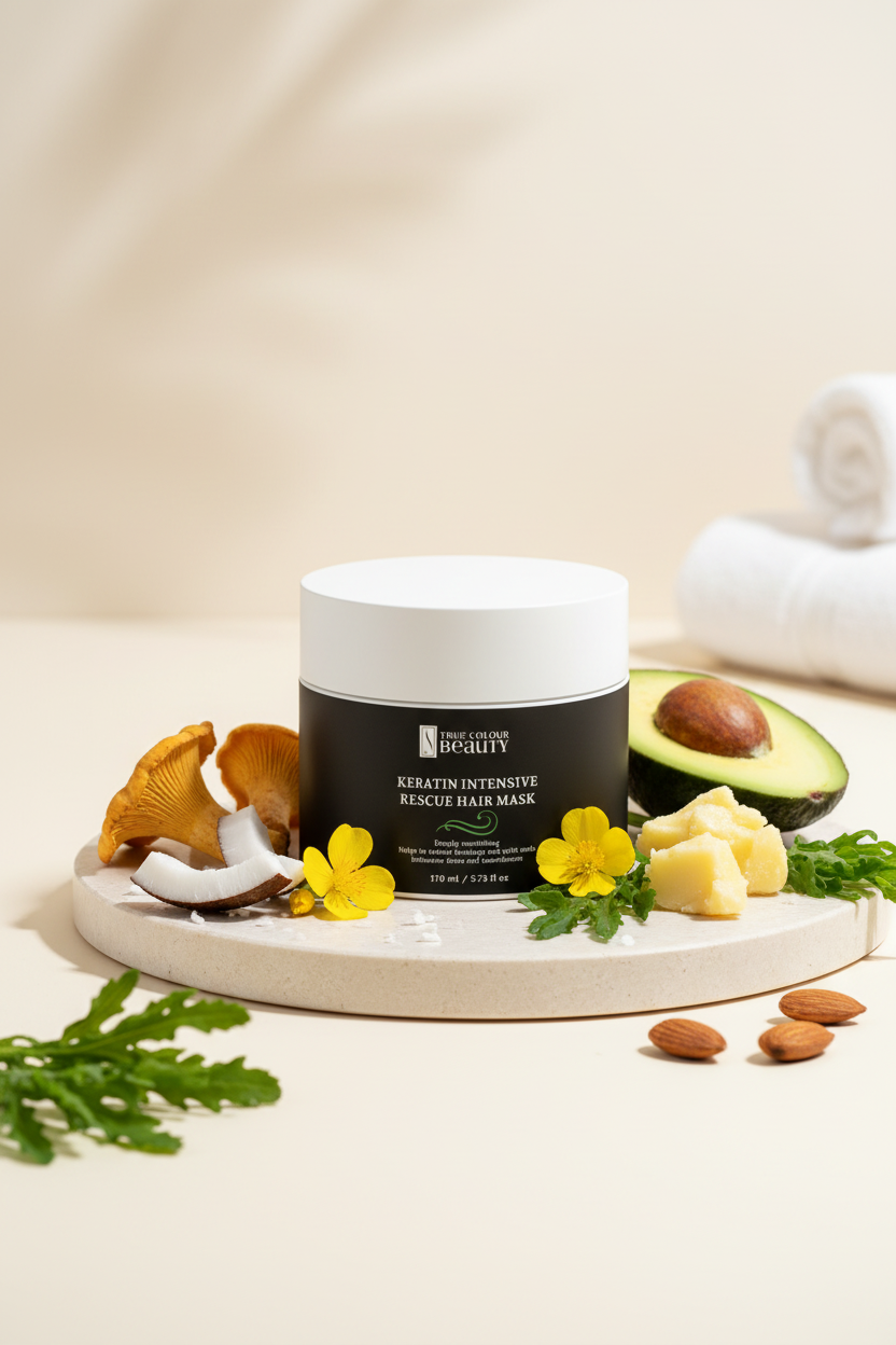 Ingredient shot with chanterelle, coconut, avocado, and botanicals