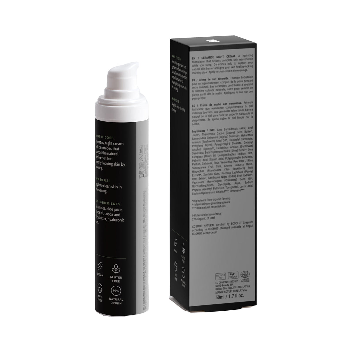Ceramide Night Cream, bottle and box, back view with ingredients and directions