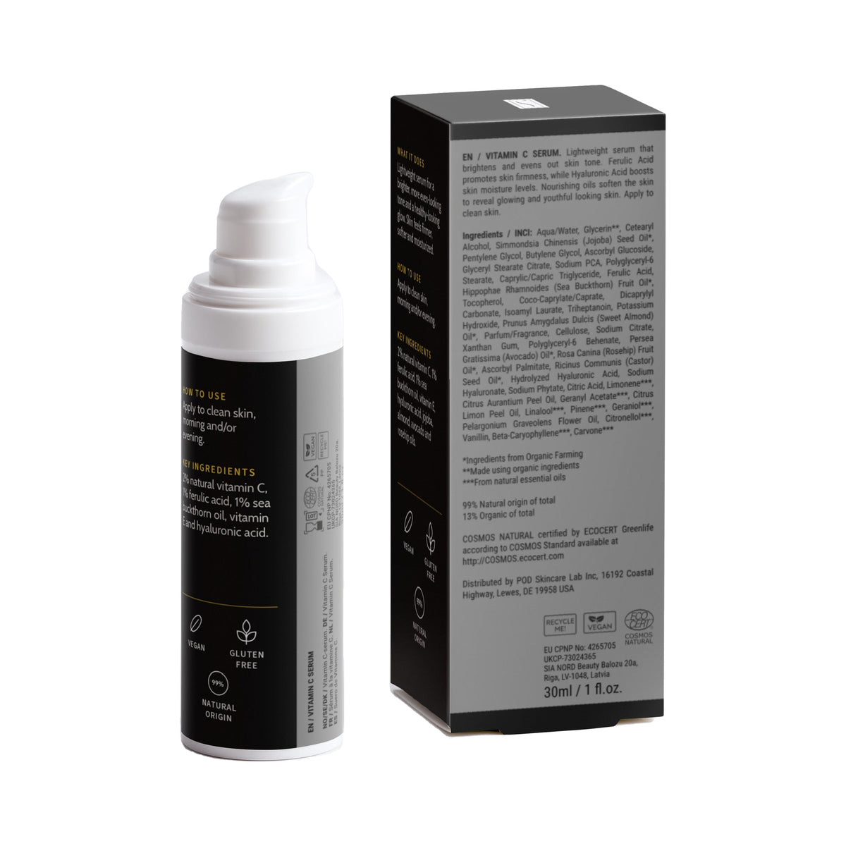 Vitamin C Serum, bottle and box, back view with ingredients and directions