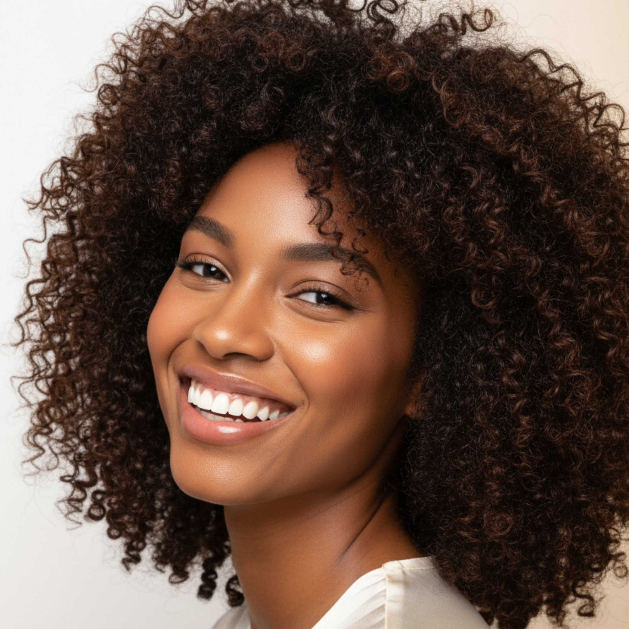 Light-skinned Black woman with voluminous hair