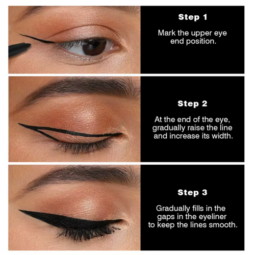 Step-by-step guide on applying eyeliner with close-up shots and text instructions.